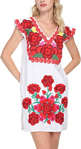 Women Mexican Embroidered Dress Ruffle Collar Sleeveless