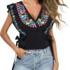 Women Mexican Embroidered Off-Shoulder Shirt Lace Falbala Top