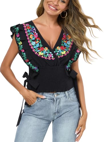 Women Mexican Embroidered Off-Shoulder Shirt Lace Falbala Top