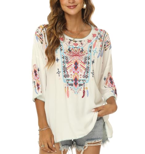 Mexican Embroidered Tops for Women Traditional Boho Tunics Bohemian Shirts Plus Size Peasant Clothes Blouses