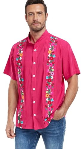 Men's Mexican Cuban Shirt Embroidered Traditional Button Down Shirt Summer Band Collar Short Sleeve Tops
