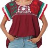 Women Mexican Embroidered Lace Traditional Colorful Blouse Tricolor Top Mexican Independence Day Shirt