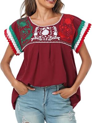 Women Mexican Embroidered Lace Traditional Colorful Blouse Tricolor Top Mexican Independence Day Shirt