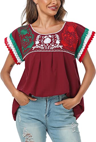 Women Mexican Embroidered Lace Traditional Colorful Blouse Tricolor Top Mexican Independence Day Shirt