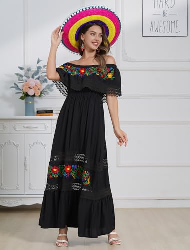 Mexican Dress for Women Traditional Off Shoulder Embroidered Present Casual Lace Long Maxi Dress Cinco de Mayo Outfit