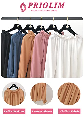 Women's Off Shoulder Top Ruffle Long Sleeve Chiffon Blouse Casual Loose Shirts