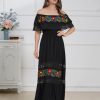 Mexican Dress for Women Floral Embroidery Maxi Off-Shoulder Ruffle Sleeveless Traditional Fiesta Dresses
