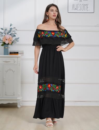 Mexican Dress for Women Floral Embroidery Maxi Off-Shoulder Ruffle Sleeveless Traditional Fiesta Dresses