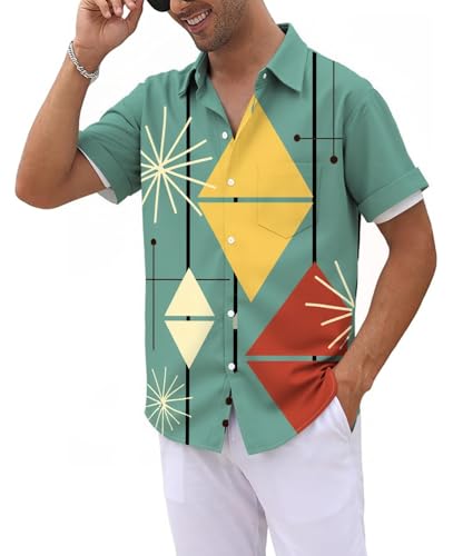 Men's Retro Bowling Shirts 50s Rockabilly Style Button Down Shirts Vintage Style Camp Shirt