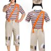 Mexican TV Cosplay Costume for Adult Men, Patchwork Overalls Suit Set with Striped T-shirt Hat for Halloween Party Outfit