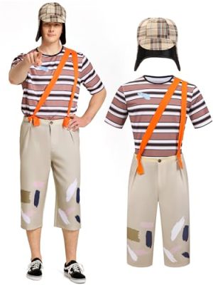 Mexican TV Cosplay Costume for Adult Men, Patchwork Overalls Suit Set with Striped T-shirt Hat for Halloween Party Outfit