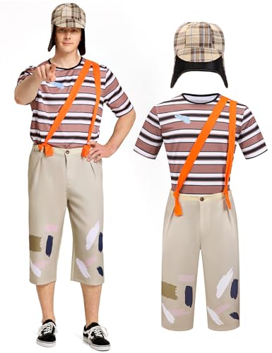 Mexican TV Cosplay Costume for Adult Men, Patchwork Overalls Suit Set with Striped T-shirt Hat for Halloween Party Outfit