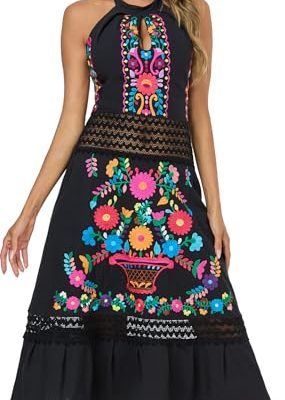 Mexican Dress Embroidered Casual Halter Off Shoulder Maxi Cocktail Dresses Sexy Dress for Women Date Night