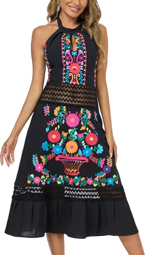 Mexican Dress Embroidered Casual Halter Off Shoulder Maxi Cocktail Dresses Sexy Dress for Women Date Night