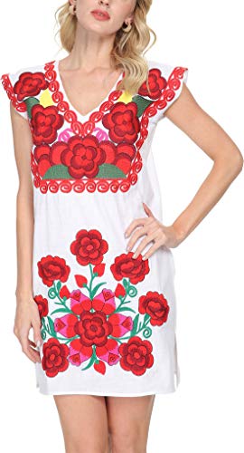 Women Mexican Embroidered Dress Ruffle Collar Sleeveless