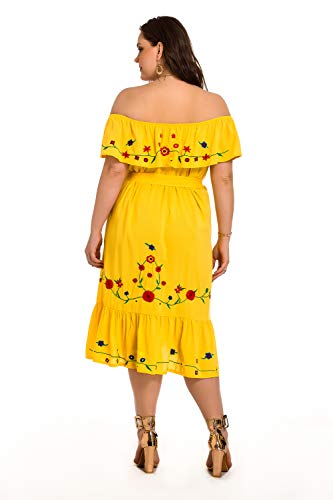 851 - Plus Size Embroidered Off Shoulder Mexican Hawaii Floral Summer Sun Dress