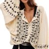 Womens Boho Embroidered Tops Floral Babydoll Tops Long Sleeve V Neck Peasant Blouses Mexican Shirt