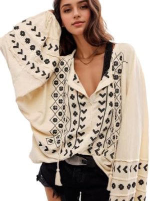 Womens Boho Embroidered Tops Floral Babydoll Tops Long Sleeve V Neck Peasant Blouses Mexican Shirt