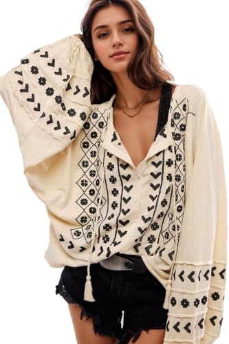 Womens Boho Embroidered Tops Floral Babydoll Tops Long Sleeve V Neck Peasant Blouses Mexican Shirt