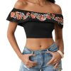 Women's Floral Embroidered Off Shoulder Ruffle Trim Crop Top Blouse Shirt
