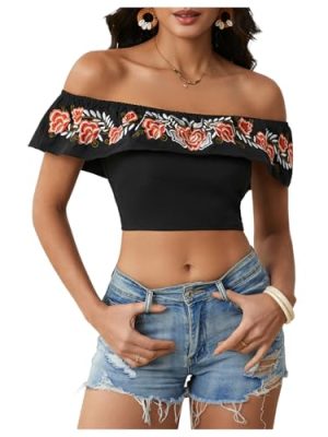 Women's Floral Embroidered Off Shoulder Ruffle Trim Crop Top Blouse Shirt