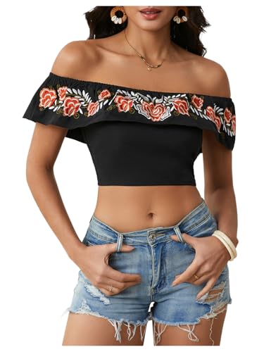 Women's Floral Embroidered Off Shoulder Ruffle Trim Crop Top Blouse Shirt