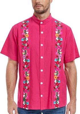 Men's Mexican Cuban Shirt Embroidered Traditional Button Down Shirt Summer Band Collar Short Sleeve Tops