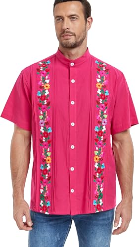Men's Mexican Cuban Shirt Embroidered Traditional Button Down Shirt Summer Band Collar Short Sleeve Tops