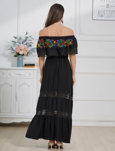 Mexican Dress for Women Traditional Off Shoulder Embroidered Present Casual Lace Long Maxi Dress Cinco de Mayo Outfit