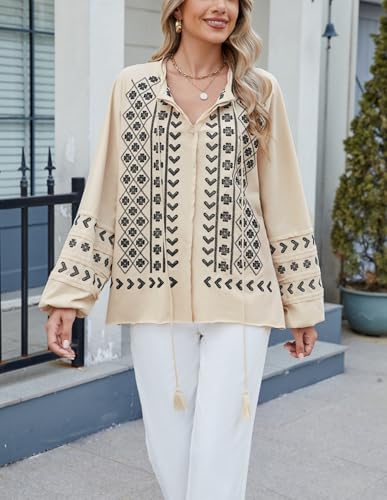 Womens Boho Embroidered Tops Floral Babydoll Tops Long Sleeve V Neck Peasant Blouses Mexican Shirt
