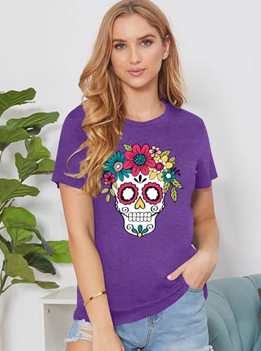 Dia De Los Muertos Shirt for Women Sugar Skull Tshirts Day of Dead T-Shirts Skull Graphic Tops
