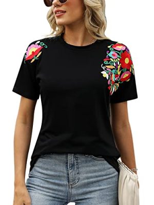 Mexican Shirts for Women Embroidered Tops Traditional Summer Blouse Women's Floral Tunic Round Neck Short Sleeve