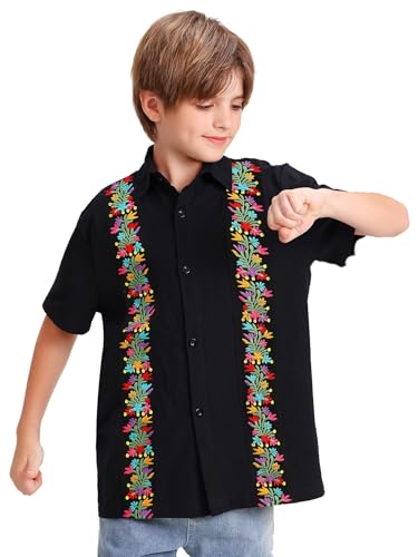 Mexican Guayabera Shirts for Boys Kid Cinco De Mayo Fiesta Traditional Embroidered Collared Short Sleeve