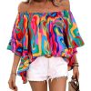Women's Off The Shoulder Tops Boho Asymmetrical 3/4 Sleeve Ruffle Colorful Blouses Shirt Tops Dressy Casual