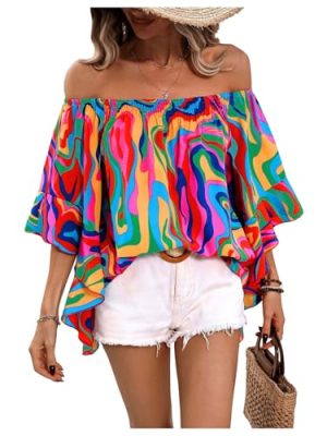 Women's Off The Shoulder Tops Boho Asymmetrical 3/4 Sleeve Ruffle Colorful Blouses Shirt Tops Dressy Casual