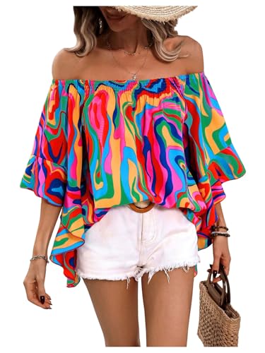 Women's Off The Shoulder Tops Boho Asymmetrical 3/4 Sleeve Ruffle Colorful Blouses Shirt Tops Dressy Casual