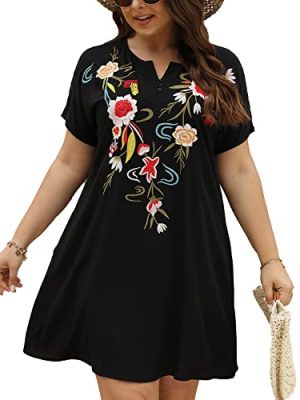 Plus Size Embroidered Dress for Women Mexican Peasant Boho Floral Tradition Fiesta Bohemian Summer Hippie Dresses