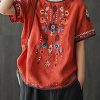 Women's Cotton Linen Tops Embroidered Short Sleeve Peasant Boho Mexican Tunic Top Festival Casual Loose T Shirt