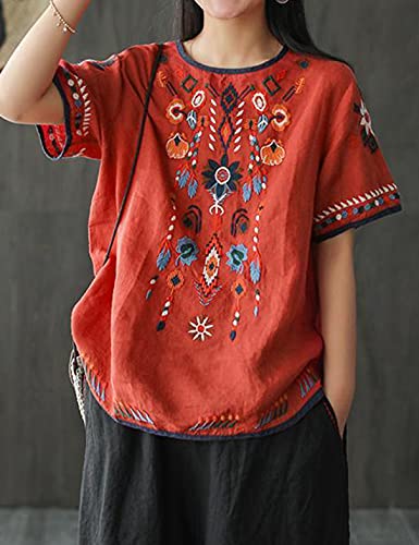 Women's Cotton Linen Tops Embroidered Short Sleeve Peasant Boho Mexican Tunic Top Festival Casual Loose T Shirt