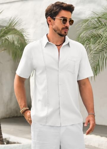 Mens Cuban Guayabera Shirts Button Down Short Sleeve Shirt Casual Linen Summer Beach Vacation Hippie Tops