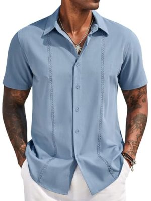 Mens Cuban Guayabera Short Sleeve Shirt Casual Summer Beach Tops Button Down Untucked Shirts