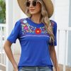 Mexican Shirts for Women Traditional Embroidered Fiesta Cinco De Mayo Tops Floral Crewneck Short Sleeve