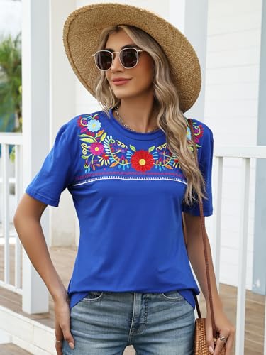 Mexican Shirts for Women Traditional Embroidered Fiesta Cinco De Mayo Tops Floral Crewneck Short Sleeve