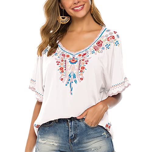 Women's Summer V Neck Boho Embroidered Mexican Shirts Short Sleeve Casual Tops Blouse