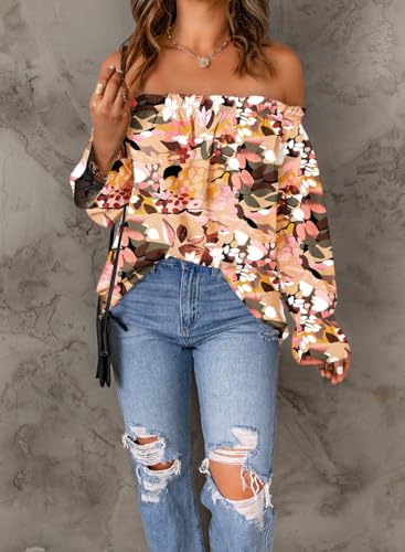 Women's Off Shoulder Top Ruffle Long Sleeve Chiffon Blouse Casual Loose Shirts