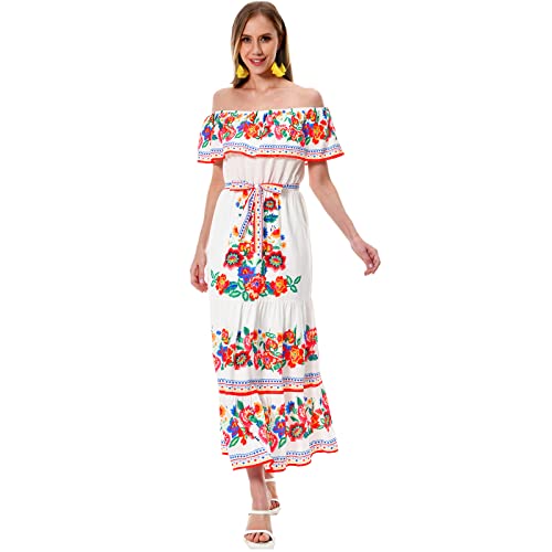 Mexican Dress for Women Off Shoulder Floral Print Maxi Dress Summer Party Casual Sundress Dresses