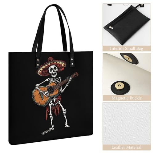 Mexican Skeleton Musician Printed Tote Bag for Women Fashion Handbag with Top Handles Shopping Bags for Work Travel