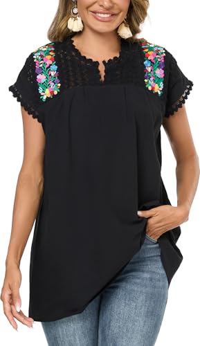 Mexican Shirts for Women Embroidered Tops Peasant Blouse Lace Tops White Short Sleeve Summer Floral V Neck T Shirt