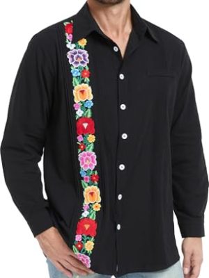 Men's Mexican Shirts Cuban Guayabera Shirt Casual Long Sleeve Embroidered Linen Summer Beach Shirts
