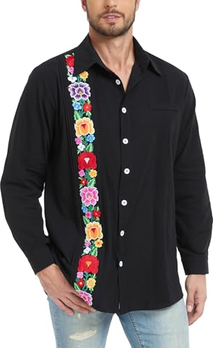 Men's Mexican Shirts Cuban Guayabera Shirt Casual Long Sleeve Embroidered Linen Summer Beach Shirts
